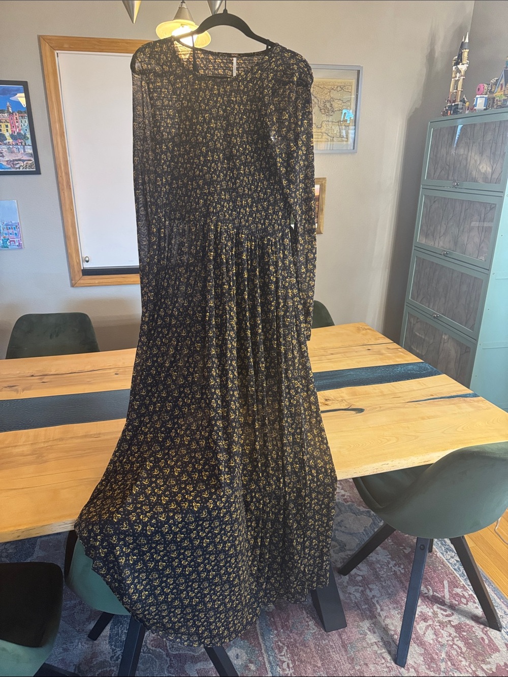 Free People Sheer Black Maxi Dress with Yellow Floral Print